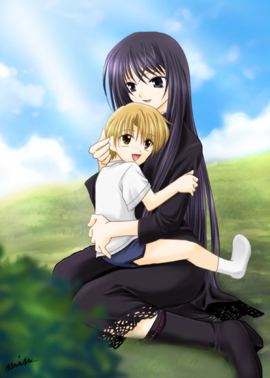 min, hokuto (ever 17), komachi tsugumi, ever 17, 1boy, 1girl, blonde hair, blue eyes, blue hair, boots, brown eyes, child, day, dress, grass, hug, long hair, outdoors, shorts, signature, sitting, sitting on lap, sitting on person, smile, socks