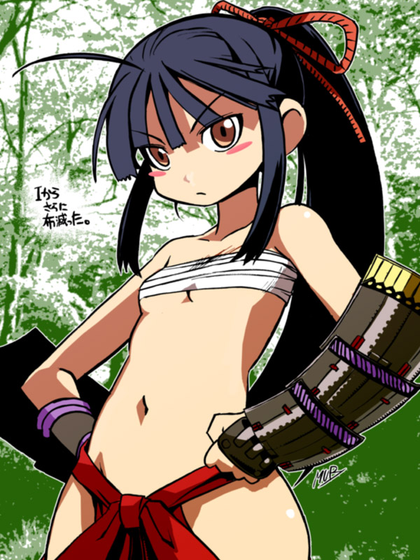 muramasa mikado, bushidou (sekaiju), bushidou 2 (sekaiju), atlus, etrian odyssey, 1girl, angry, armor, bandages, black hair, blush, brown eyes, chest sarashi, collarbone, female focus, flat chest, forest, hair ribbon, hakama, hakama skirt, hands on own hips, japanese clothes, long hair, nature, navel, no shirt, ponytail, red hakama, red ribbon, ribbon, sarashi, skirt, solo, tree