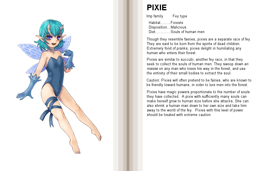 kenkou cross, pixie (monster girl encyclopedia), monster girl encyclopedia, hard-translated, official art, third-party edit, translated, 1girl, aqua hair, barefoot, blue eyes, blue gloves, blue hair, blue leotard, blue ribbon, blush, character profile, english text, fairy, fairy wings, fang, female focus, flat chest, gloves, horns, leg ribbon, leotard, matching hair/eyes, monster girl, open mouth, petite, pointy ears, purple eyes, ribbon, short hair, solo, thigh ribbon, wings