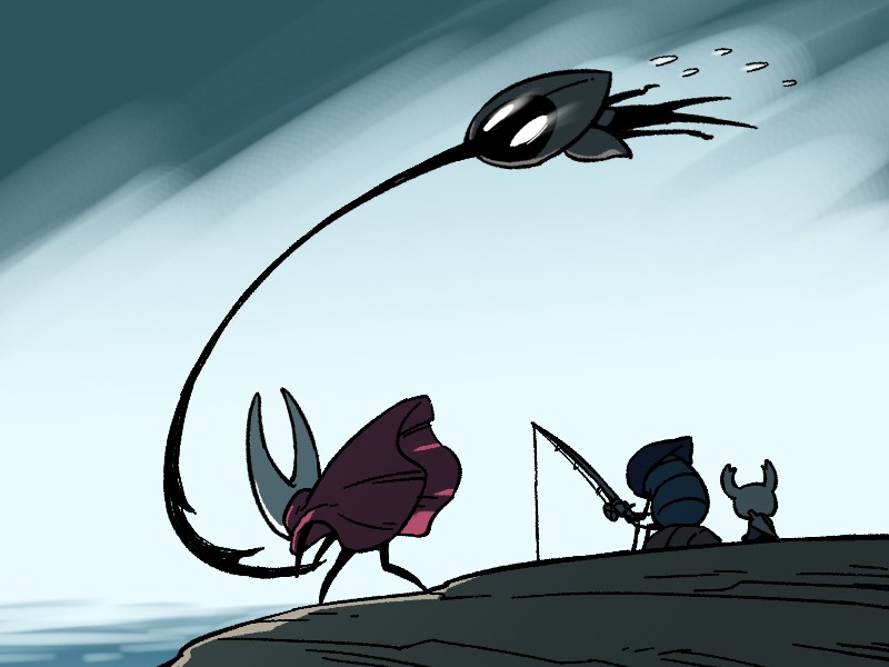 fuifui, hornet (hollow knight), knight (hollow knight), quirrel, hollow knight, character request, commentary request, arthropod boy, arthropod girl, cloak, fishing, fishing rod, grey cloak, holding, holding fishing rod, horned mask, mask, nail (hollow knight), red cloak, water