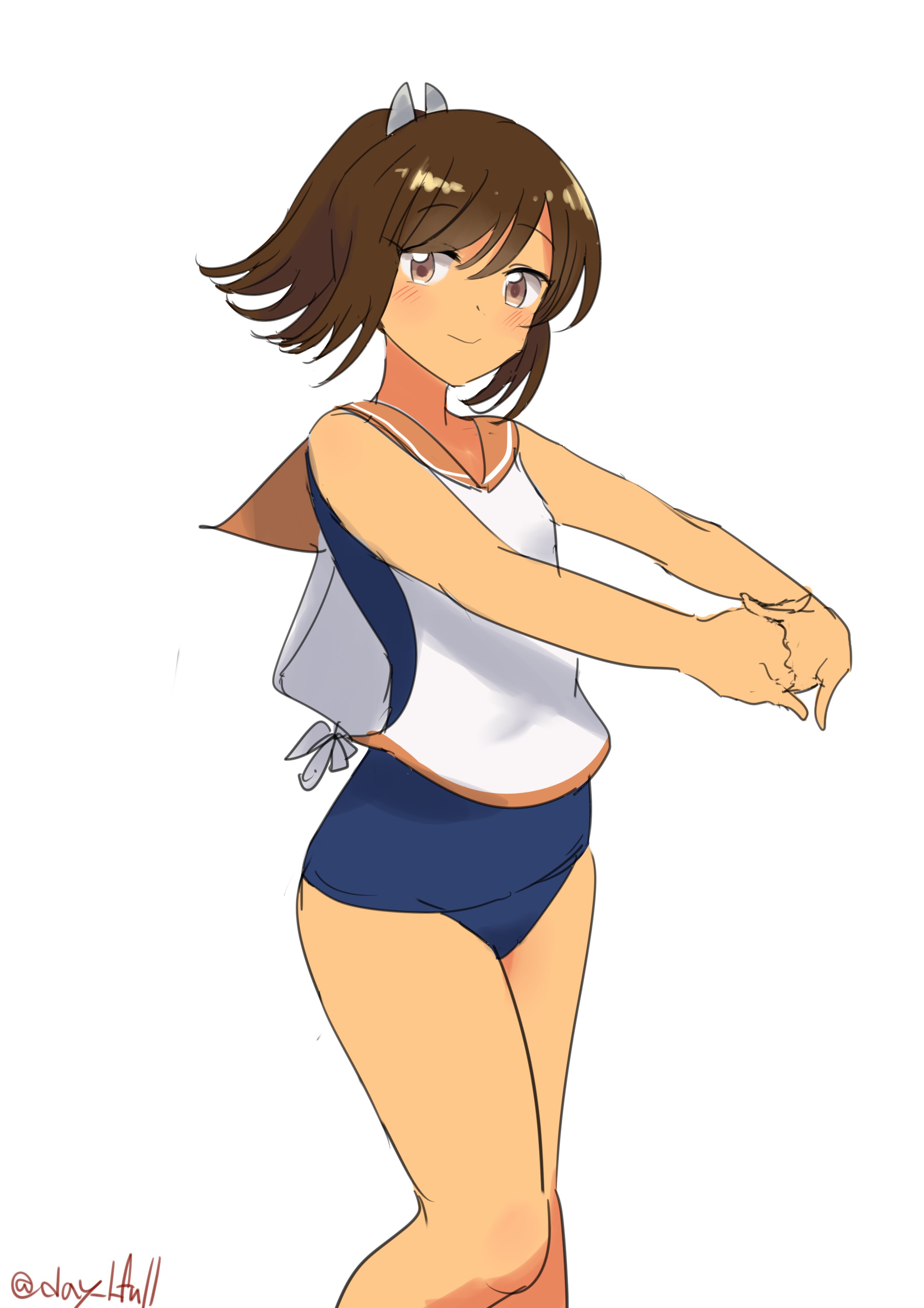 robinson (day l full), i-401 (kancolle), kantai collection, absurdres, highres, 1girl, blue one-piece swimsuit, blush, breasts, brown eyes, brown hair, cowboy shot, hair ornament, looking at viewer, one-piece swimsuit, one-piece tan, ponytail, sailor collar, school swimsuit, school uniform, shirt, short hair, short ponytail, sleeveless, smile, solo, swimsuit, swimsuit under clothes, tan, tanline, white background