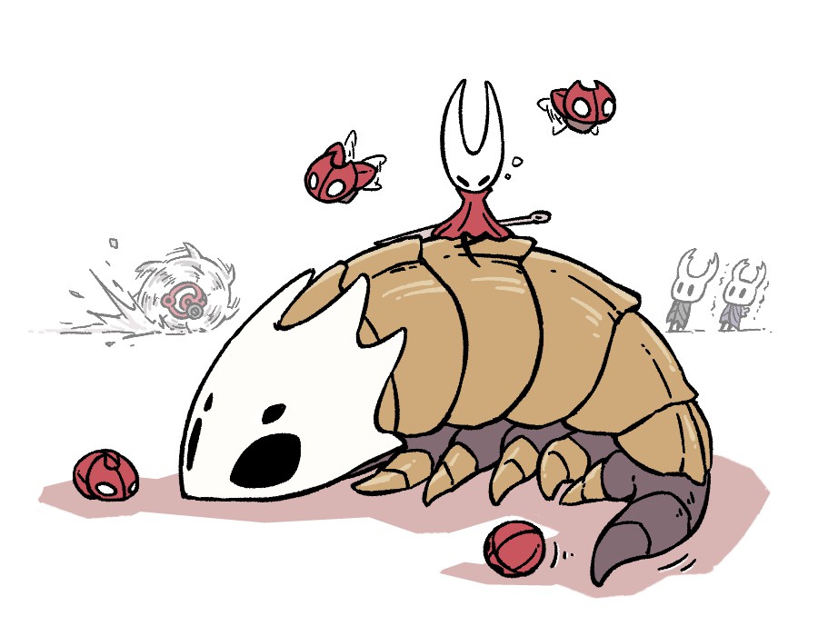 fuifui, hornet (hollow knight), knight (hollow knight), hollow knight, hollow knight: silksong, character request, commentary request, arthropod boy, arthropod girl, bug, cloak, flying, grey cloak, hollow eyes, horned mask, mask, nail (hollow knight), needle (hollow knight), red cloak, sitting, spinning, wings