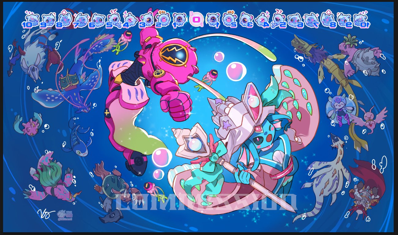 765 nanami, amphimon, ariemon, dukemon, dukemon x-antibody, jellymon, marinangemon, marinchimairamon, metalseadramon, plesiomon, puyomon, puyoyomon, rukamon, ryugumon, sangomon, shellmon, zudomon, digimon, digimon card game, commission, 3girls, armor, blue skin, chibi, colored skin, digimon (creature), evolutionary line, helmet, holding, holding staff, japanese clothes, kimono, marinbullmon, multiple girls, one eye closed, open mouth, pink armor, pink helmet, pink kimono, staff, underwater