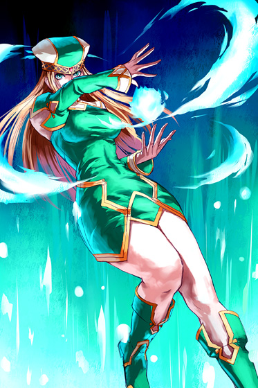akito, freya (valkyrie profile), valkyrie profile (series), 1girl, aura, blonde hair, boots, female focus, green boots, green eyes, solo