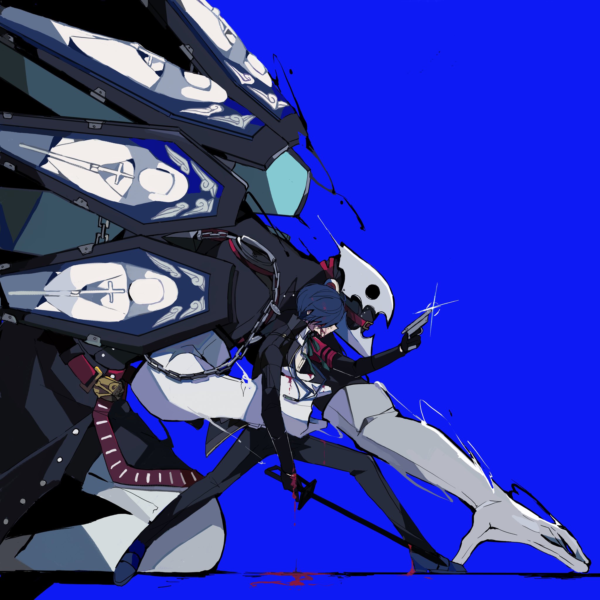 teketeke (tasutekete), thanatos (persona), yuuki makoto (persona 3), persona, persona 3, persona 3 reload, highres, 1boy, blood, blue hair, evoker, gekkoukan high school uniform, holding, holding sword, holding weapon, school uniform, sword, weapon