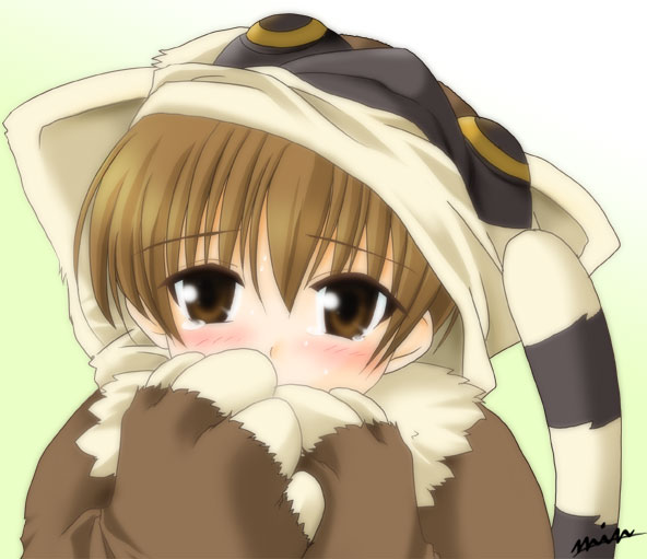 min, hokuto (ever 17), ever 17, 1boy, animal ears, animal hands, blush, brown hair, close-up, costume, male focus, sad, short hair, signature, solo, tail, tears