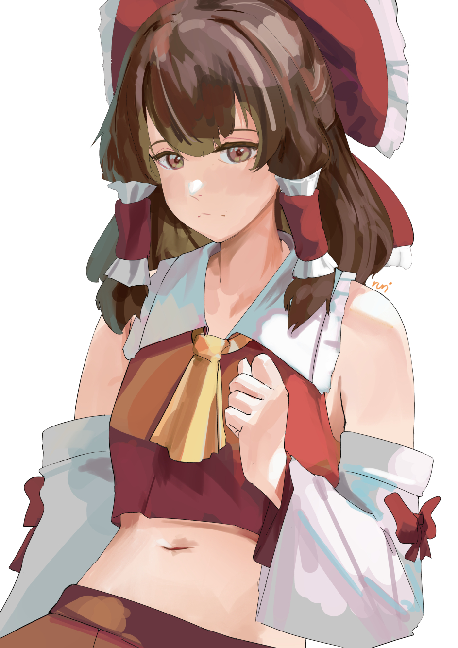 rurikon, hakurei reimu, touhou, highres, 1girl, bare shoulders, blush, bow, brown eyes, brown hair, closed mouth, cropped shirt, detached sleeves, hair between eyes, hair bow, huge bow, long hair, looking at viewer, navel, red bow, red shirt, shirt, sidelocks, solo, stomach, white sleeves