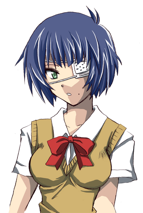 ryomou shimei, ikkitousen, 00s, 1girl, blue hair, bow, bowtie, collarbone, eyepatch, female focus, green eyes, looking at viewer, mole, mole under mouth, red bow, school uniform, serafuku, short hair, simple background, solo, upper body, white background