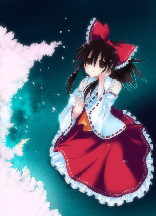 harano, hakurei reimu, touhou, bad id, bad pixiv id, 1girl, bare shoulders, bow, brown eyes, cherry blossoms, detached sleeves, female focus, gradient background, hair bow, japanese clothes, miko, nature, petals, plant, red bow, ribbon, solo