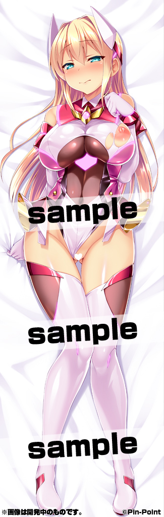 satou kuuki, official art, 1girl, 3:, ayazaki shizuku, bare shoulders, bed sheet, blonde hair, blue eyes, blush, boots, breasts, censored, chest jewel, closed mouth, clothing aside, covered navel, dakimakura (medium), elbow gloves, full body, gloves, gluteal fold, green eyes, headgear, heart, heart censor, large breasts, leotard, leotard aside, long hair, looking at viewer, lying, magical girl, nipples, on back, sample watermark, sheet grab, shiny clothes, shiny skin, solo, soukou seiki ysphere, thigh boots, thigh gap, thighhighs, torn clothes, torn leotard, watermark, white gloves, ys flare