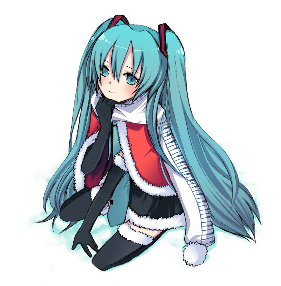 harano, hatsune miku, vocaloid, bad id, bad pixiv id, 1girl, black gloves, black thighhighs, blue eyes, blue hair, female focus, full body, fur trim, gloves, long hair, matching hair/eyes, pom pom (clothes), scarf, sitting, sketch, skirt, smile, solo, thighhighs, twintails, white background, white scarf, zettai ryouiki