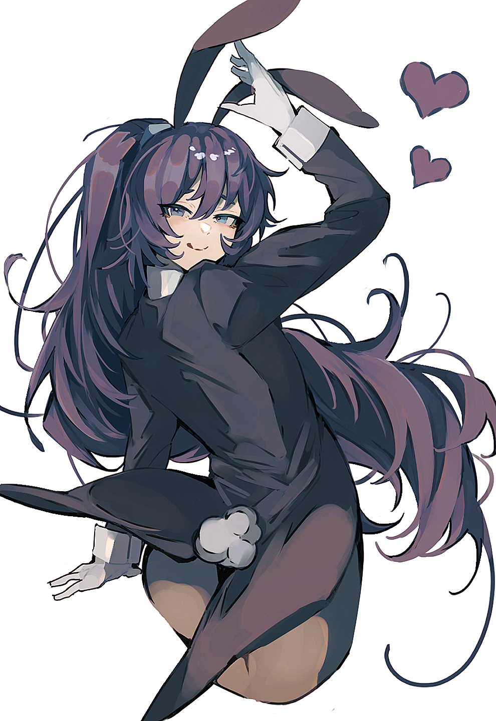 nakame77, hong lu (project moon), limbus company, project moon, commentary request, highres, 1boy, animal ears, ass, black eyes, black hair, black jacket, blue eyes, crossdressing, crossdressing (mtf), heart, heterochromia, high ponytail, jacket, long hair, long sleeves, looking at viewer, looking back, male focus, male playboy bunny, ponytail, rabbit ears, rabbit tail, simple background, solo, standing, tail, tailcoat playboy bunny, upper body, white background, wrist cuffs