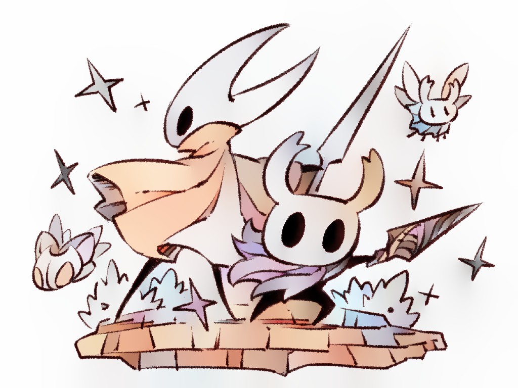 fuifui, hornet (hollow knight), knight (hollow knight), hollow knight, arthropod boy, arthropod girl, cloak, flying, grey cloak, holding, holding weapon, hollow eyes, horned mask, mask, nail (hollow knight), needle (hollow knight), pure nail (hollow knight), weapon, wings