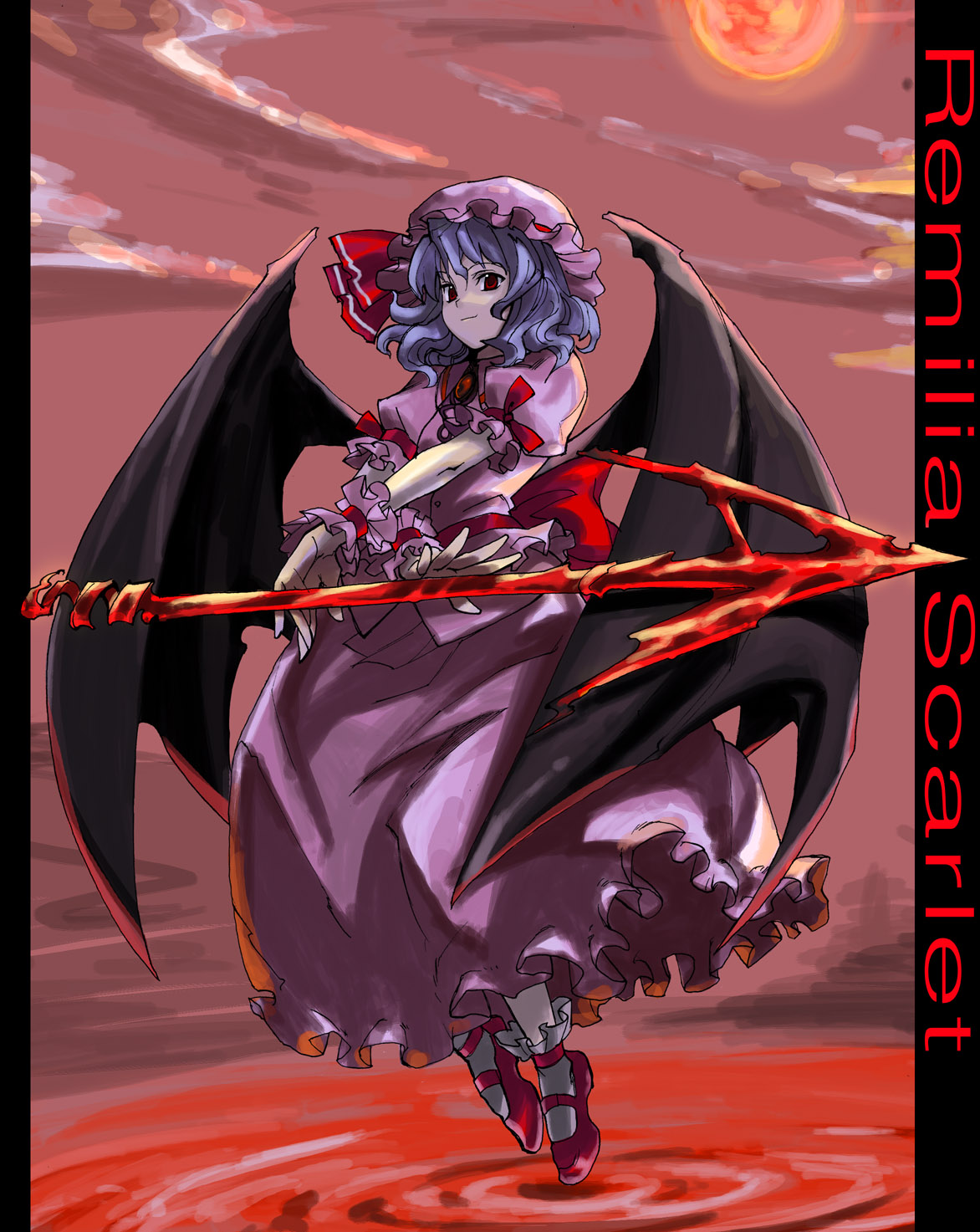 tetsu (kimuchi), remilia scarlet, touhou, highres, 1girl, blue hair, female focus, hat, moon, polearm, red eyes, ribbon, solo, spear, spear the gungnir, weapon, wings