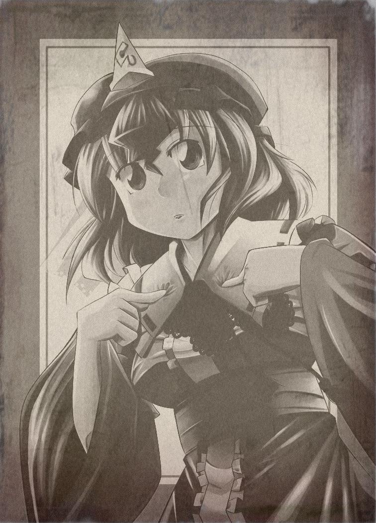 haibane (tsukumo no kiseki), saigyouji yuyuko, touhou, bad id, bad pixiv id, 1girl, female focus, hat, japanese clothes, kimono, monochrome, sepia, solo