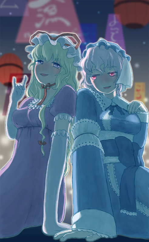 zo tuite, saigyouji yuyuko, yakumo yukari, touhou, 2girls, blonde hair, blush, breasts, elbow gloves, female focus, gloves, hat, japanese clothes, kimono, long hair, multiple girls, ribbon