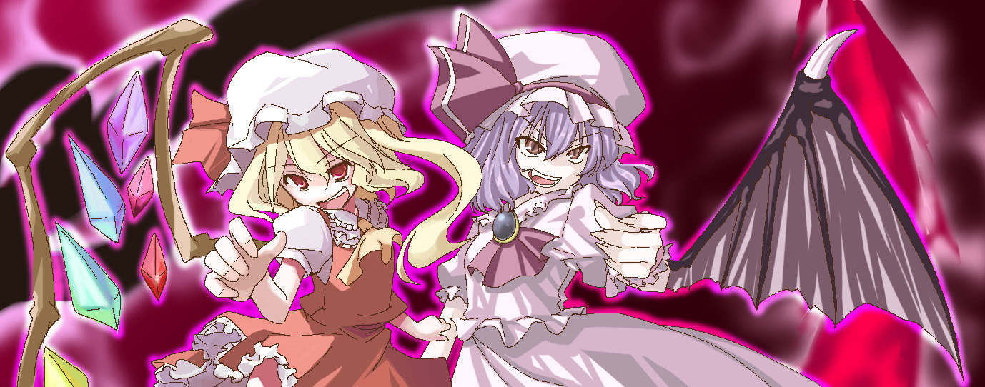 ogera okera, flandre scarlet, remilia scarlet, touhou, bad id, bad pixiv id, 2girls, blonde hair, blue hair, female focus, gradient background, hat, mob cap, multiple girls, ribbon, siblings, sisters, skirt, wings