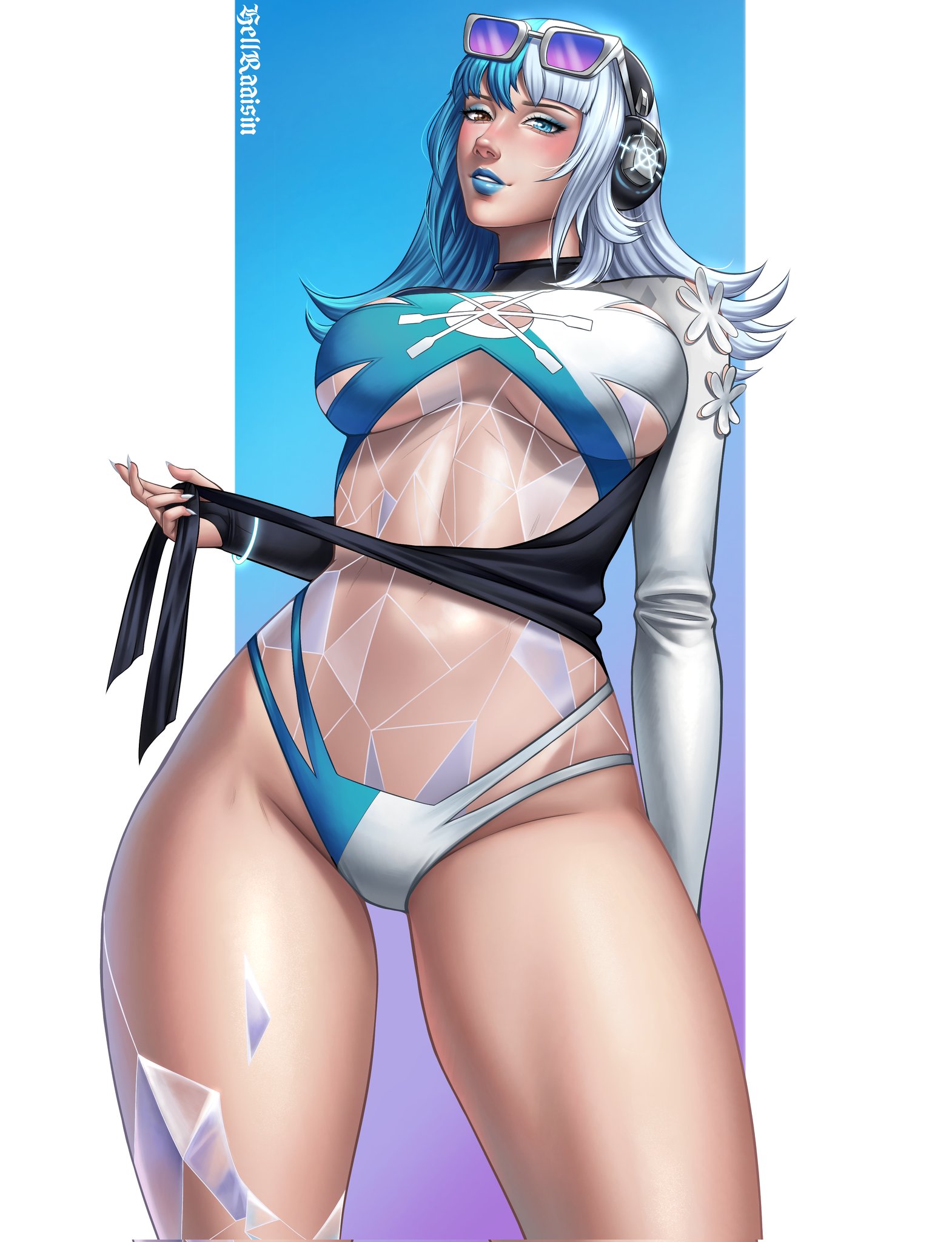 luna snow, luna snow (cool summer), marvel, marvel rivals, highres, 1girl, blue eyes, blue hair, blue lips, brown eyes, eyewear on head, headphones, hellraaisin, heterochromatic eyewear, looking at viewer, material growth, multicolored hair, official alternate costume, purple-tinted eyewear, solo, split-color hair, tinted eyewear, two-tone hair, white hair