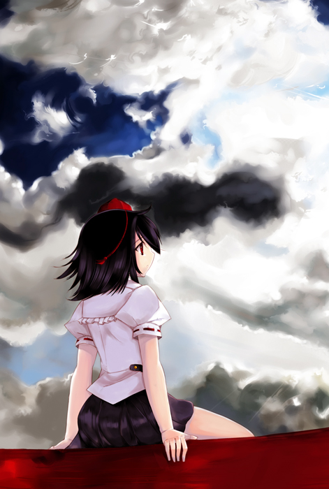 shameimaru aya, touhou, looking away, 1girl, black hair, cloud, expressionless, female focus, hat, looking afar, red eyes, short hair, sitting, sky, solo