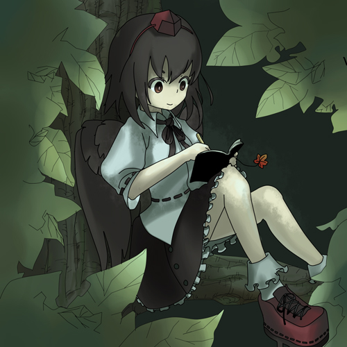 shameimaru aya, touhou, looking away, lowres, 1girl, black hair, black wings, book, female focus, hat, in tree, looking down, pen, red eyes, ribbon, short hair, sitting, sitting in tree, smile, solo, tree, wings