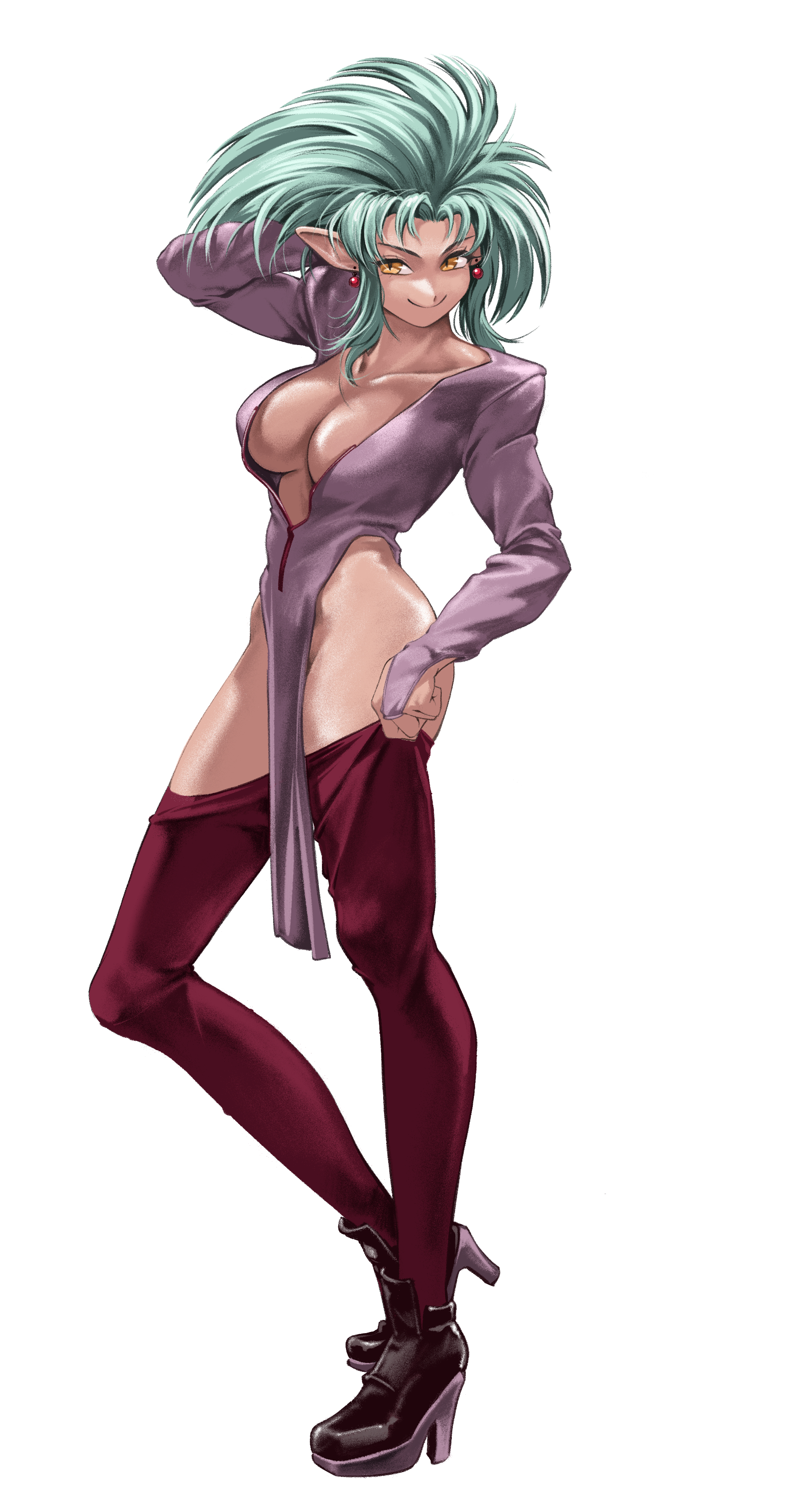 chtv, ryouko (tenchi muyou!), tenchi muyou!, absurdres, commentary, commission, english commentary, highres, 1girl, aqua hair, bare shoulders, black boots, boots, breasts, cleavage, collarbone, earrings, hand in own hair, heel up, high heel boots, high heels, hip bones, jewelry, large breasts, long hair, looking at viewer, open clothes, pantyhose, pantyhose lift, pointy ears, slit pupils, smile, solo, thighs, white background, yellow eyes