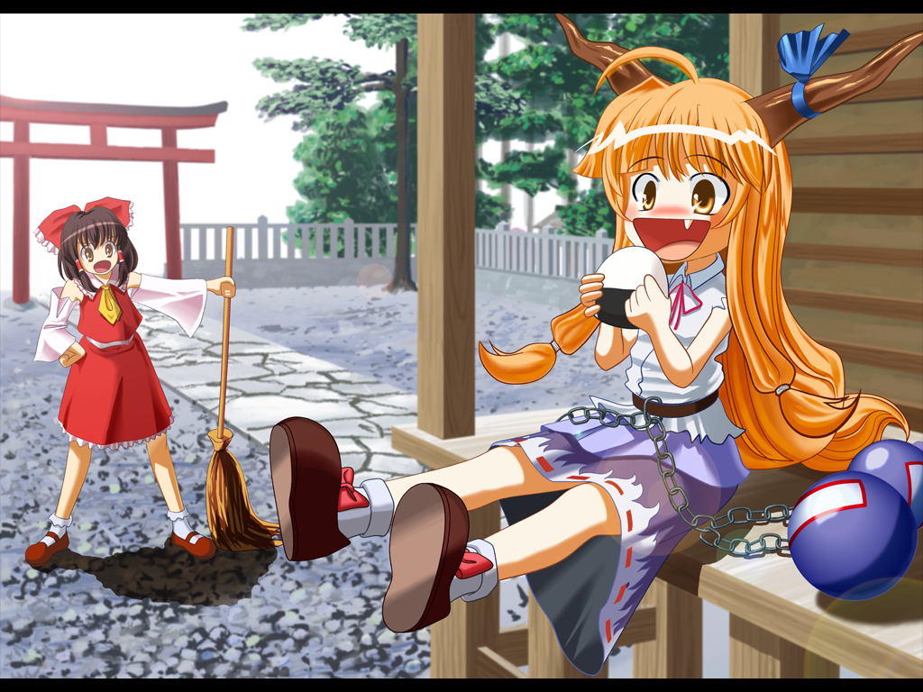 tsutan, hakurei reimu, ibuki suika, touhou, 2girls, black hair, broom, fang, female focus, food, horns, japanese clothes, letterboxed, long hair, miko, multiple girls, onigiri, orange hair, ribbon, torii