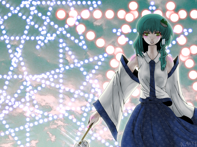 a.torii, kochiya sanae, touhou, bad id, bad pixiv id, 1girl, breasts, danmaku, female focus, frog, green eyes, green hair, hair ornament, hairclip, japanese clothes, miko, solo, standing