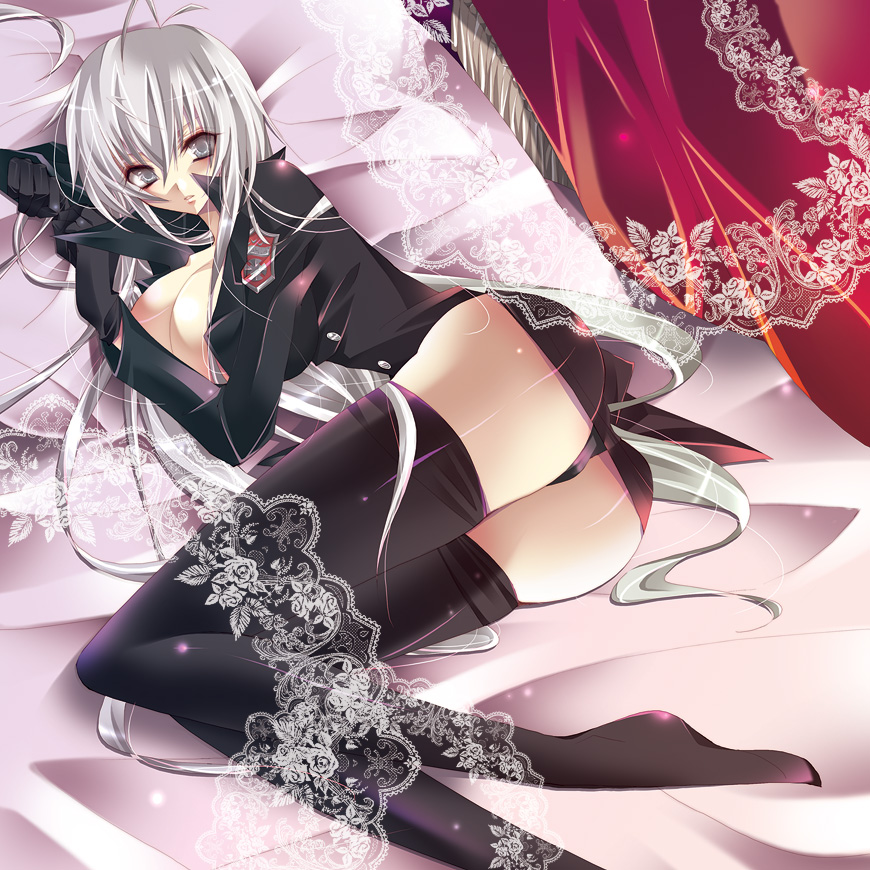 uniform, 1girl, ahoge, ass, bed, breasts, female focus, gloves, large breasts, long hair, panties, solo, thighhighs, underwear, white eyes, white hair