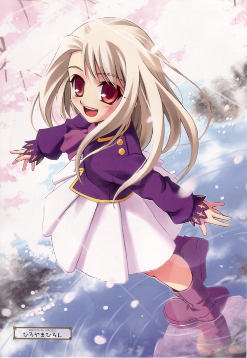 hiroyama hiroshi, illyasviel von einzbern, fate/stay night, fate (series), 00s, 1girl, boots, cherry blossoms, female focus, long hair, petals, purple boots, red eyes, reflection, skirt, smile, solo