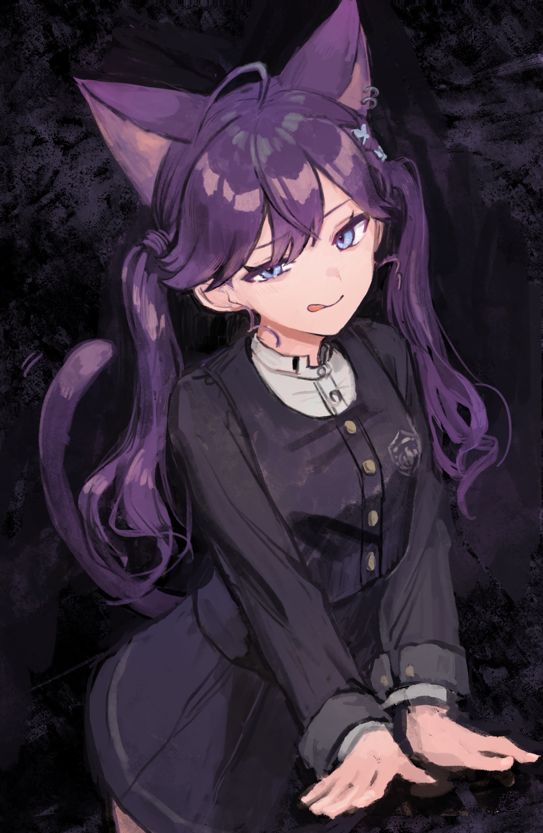hai bokusha, kaya rinha, gakuen idolmaster, idolmaster, absurdres, commentary request, highres, 1girl, :p, ahoge, animal ear piercing, animal ears, arm support, black jacket, black skirt, blue eyes, breasts, butterfly hair ornament, cat ears, cat girl, cat tail, closed mouth, collared shirt, cowboy shot, cropped jacket, dark background, emblem, gokugetsu academy school uniform, hair ornament, half-closed eye, high-waist skirt, high collar, jacket, light blush, long hair, long sleeves, looking to the side, piercing, purple hair, school emblem, school uniform, shirt, simple background, skirt, sleeves past wrists, small breasts, solo, standing, tail, tongue, tongue out, twintails, white shirt