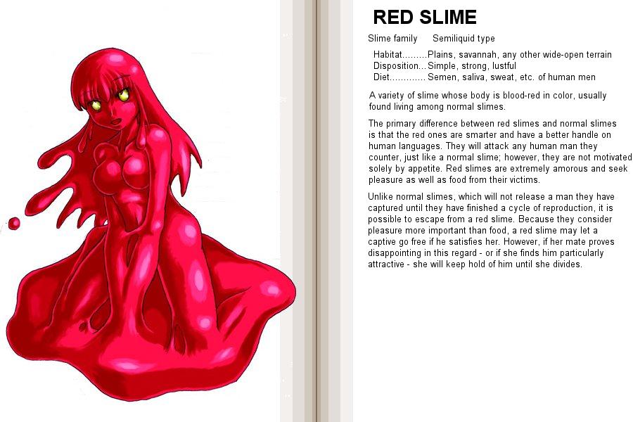 kenkou cross, red slime (monster girl encyclopedia), monster girl encyclopedia, hard-translated, official art, third-party edit, translated, 1girl, blank eyes, breasts, character profile, colored skin, english text, female focus, kneeling, large breasts, long hair, monster girl, navel, no nipples, omitted bits, open mouth, red skin, semiliquid, slime (substance), slime girl, solo, yellow eyes