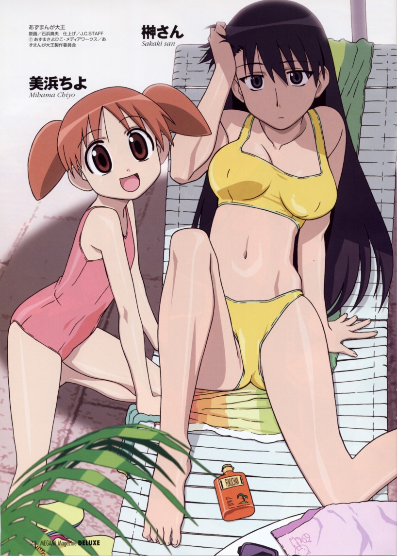 mihama chiyo, sakaki (azumanga daioh), azumanga daiou, tagme, 2girls, black hair, breasts, multiple girls, open mouth, orange hair, smile, swimsuit