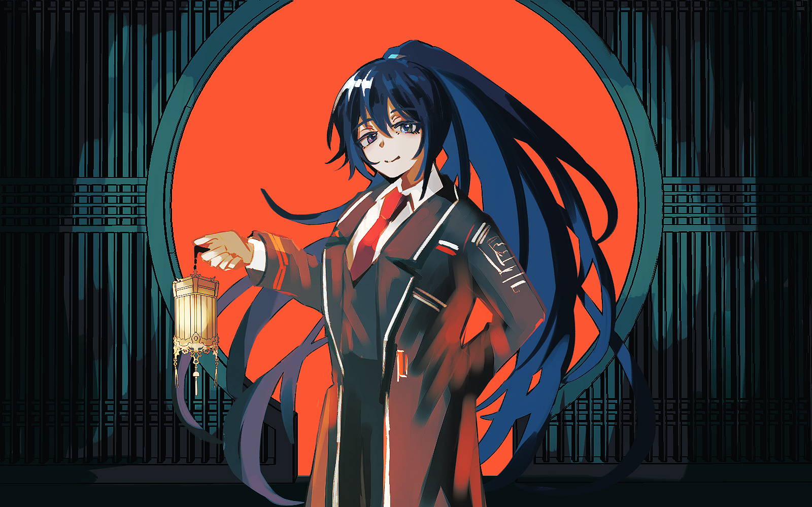 nakame77, hong lu (project moon), limbus company, project moon, highres, 1boy, black coat, black eyes, black hair, black vest, blue eyes, coat, collared shirt, grey background, heterochromia, high ponytail, holding, holding lantern, lantern, long hair, long sleeves, looking at viewer, male focus, necktie, ponytail, red necktie, shirt, simple background, solo, standing, upper body, very long hair, vest, white shirt
