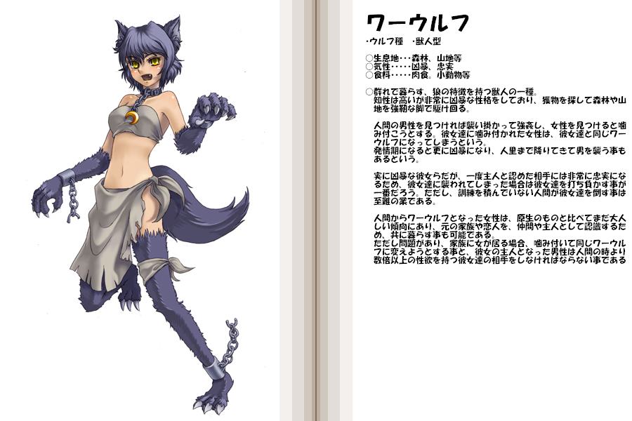 kenkou cross, werewolf (monster girl encyclopedia), monster girl encyclopedia, fur, official art, 1girl, animal ears, animal hands, blue hair, blush, chain, character profile, choker, claws, collar, crescent, crescent moon, cuffs, dog, dog ears, dog tail, fang, female focus, midriff, monster girl, moon, navel, open mouth, shackles, solo, standing, standing on one leg, tail, werewolf, wolf, wolf ears, yellow eyes