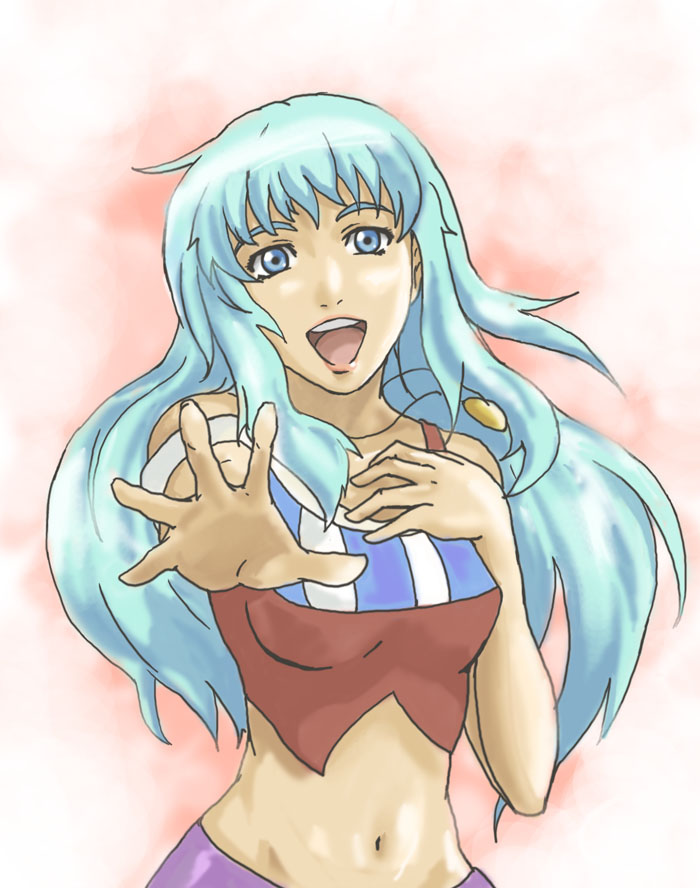 hirasawa meio, sheryl nome, macross, macross frontier, 00s, blue eyes, blue hair, long hair, midriff, navel, solo