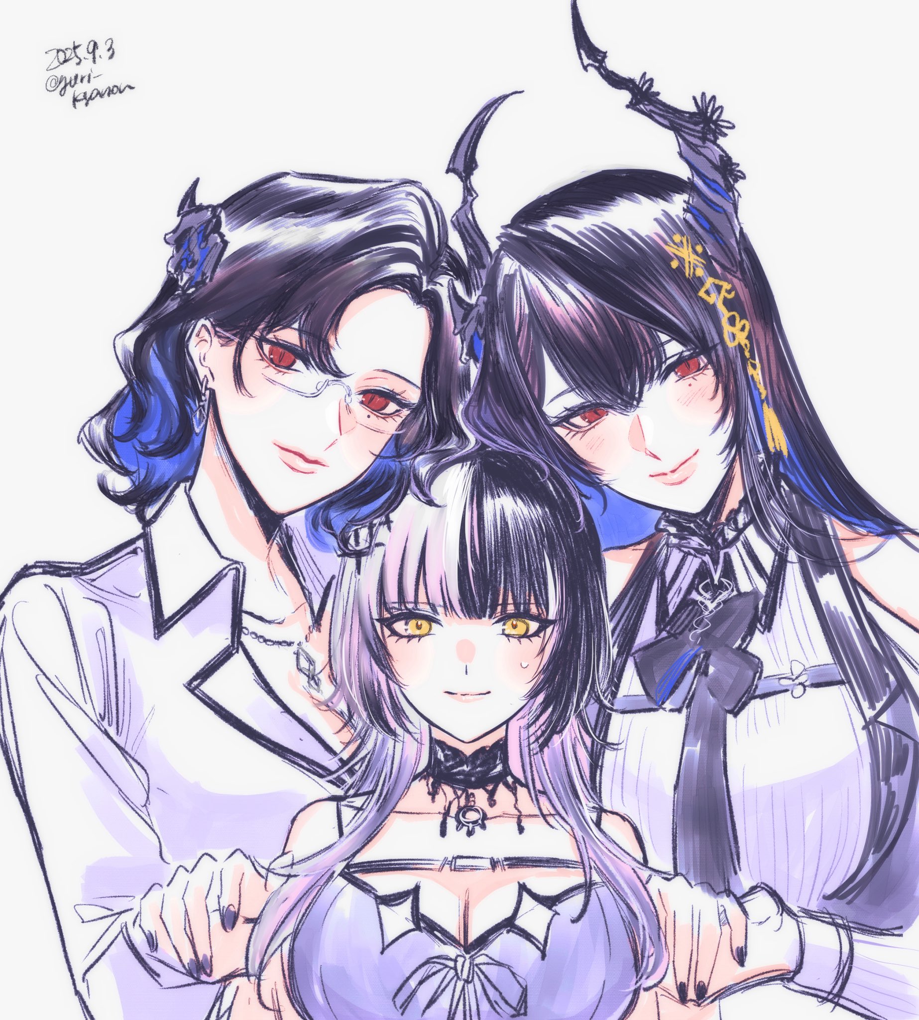 yuri kyanon, nerissa ravencroft, nerissa ravencroft (1st costume), nerissa ravencroft (casual), shiori novella, hololive, hololive english, highres, 3girls, asymmetrical horns, black hair, blue hair, blush, breasts, cleavage, closed mouth, clothing cutout, colored inner hair, crystal horns, dated, demon horns, fff threesome, flower, group sex, hair ornament, horn flower, horns, large breasts, long hair, long sleeves, looking at viewer, mole, mole under eye, multicolored hair, multiple girls, office lady, official alternate costume, official alternate hair length, official alternate hairstyle, parted lips, red eyes, shirt, shoulder cutout, simple background, smile, split-color hair, tassel, tassel hair ornament, threesome, twitter username, two-tone hair, uneven horns, upper body, virtual youtuber, white shirt, yuri