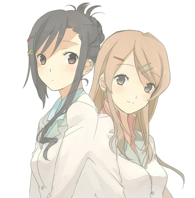 01 0219, sakurai kanade, sakurai yukino, candy boy, 00s, 2girls, back-to-back, black hair, brown eyes, brown hair, ear piercing, earrings, hair ornament, hairclip, jewelry, long hair, multiple girls, piercing, siblings, sisters, smile