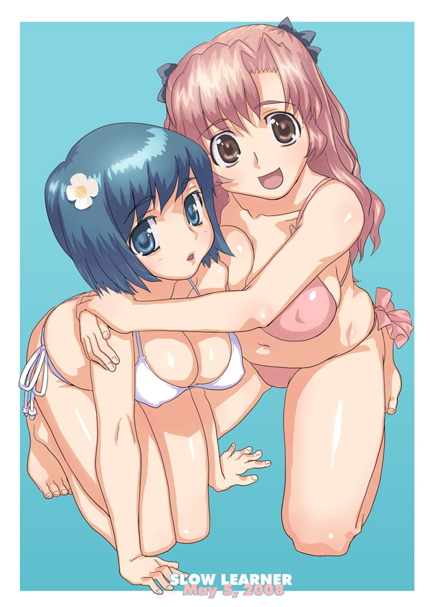 hirose (mokiki), original, 2girls, :d, aqua background, barefoot, bikini, blue eyes, blue hair, breasts, brown eyes, covered erect nipples, hug, kneeling, large breasts, long hair, multiple girls, navel, open mouth, pink hair, short hair, side-tie bikini bottom, smile, swimsuit