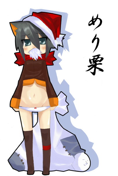 koba, kiki (koba), original, bad id, bad pixiv id, animal ears, blue eyes, christmas, facial hair, flat chest, grey hair, hat, lowleg, lowleg panties, midriff, mustache, panties, santa hat, short hair, solo, thighhighs, underwear