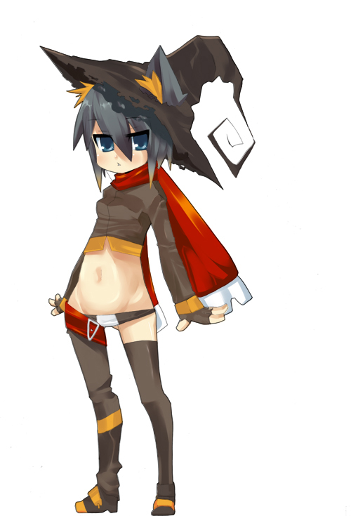 koba, kiki (koba), original, bad id, bad pixiv id, animal ears, blue eyes, boots, ears through headwear, grey hair, hat, lowleg, lowleg panties, midriff, panties, scarf, short hair, solo, thigh boots, thighhighs, underwear, witch hat