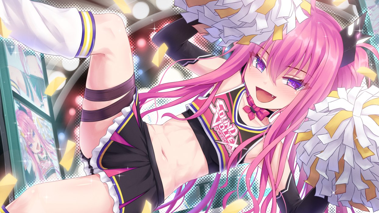 umarutsufuri, grace (sound voltex), bemani, sound voltex, 1boy, :d, bare shoulders, blush, cheerleader, crop top, detached sleeves, gloves, hair between eyes, hair ornament, long hair, looking at viewer, midriff, navel, open mouth, pink hair, pleated skirt, pom pom (cheerleading), purple eyes, shirt, skirt, smile, trap, very long hair