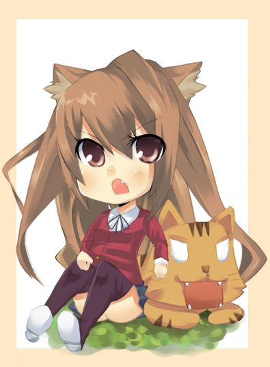koba, aisaka taiga, palmtop tiger, toradora!, bad id, bad pixiv id, 00s, 1girl, animal ears, brown eyes, brown hair, chibi, fang, female focus, long hair, open mouth, solo, thighhighs, tiger