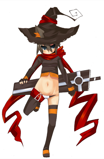 koba, kiki (koba), original, bad id, bad pixiv id, animal ears, blue eyes, brown hair, ears through headwear, hat, lowleg, lowleg panties, midriff, panties, scarf, short hair, solo, sword, thighhighs, underwear, weapon, witch hat