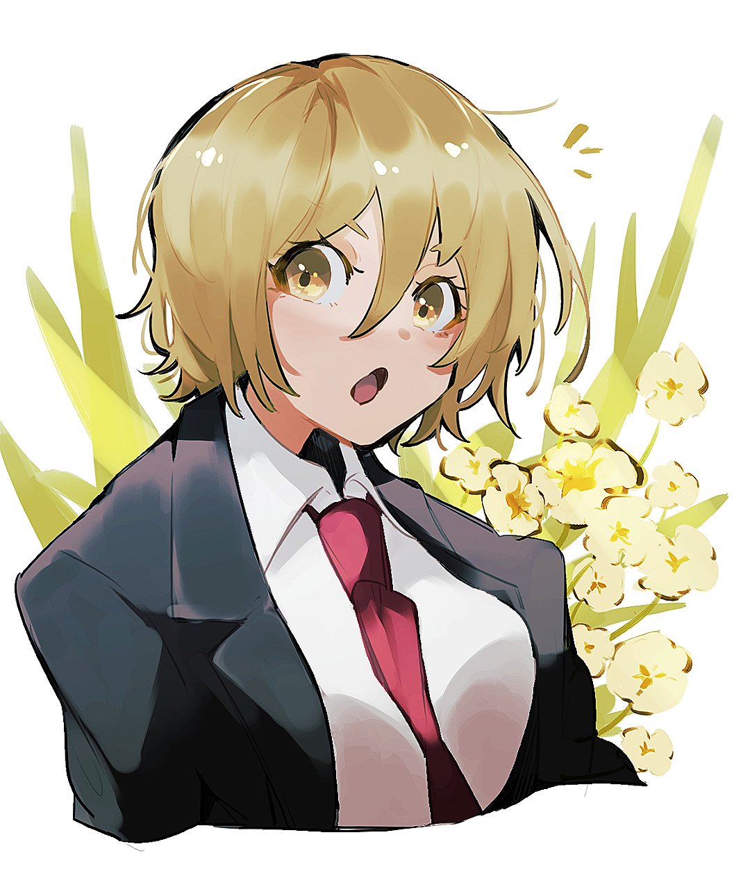 nakame77, don quixote (project moon), limbus company, project moon, highres, 1girl, :o, black coat, blonde hair, breasts, coat, collared shirt, flower, looking at viewer, necktie, open mouth, red necktie, shirt, short hair, simple background, solo, upper body, white background, white shirt, yellow eyes, yellow flower