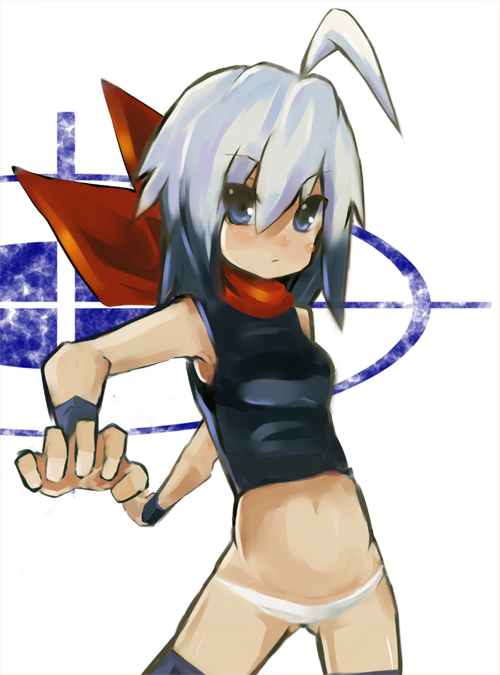 koba, bad id, bad pixiv id, ahoge, blue eyes, lowleg, lowleg panties, midriff, panties, scarf, short hair, solo, underwear, white hair
