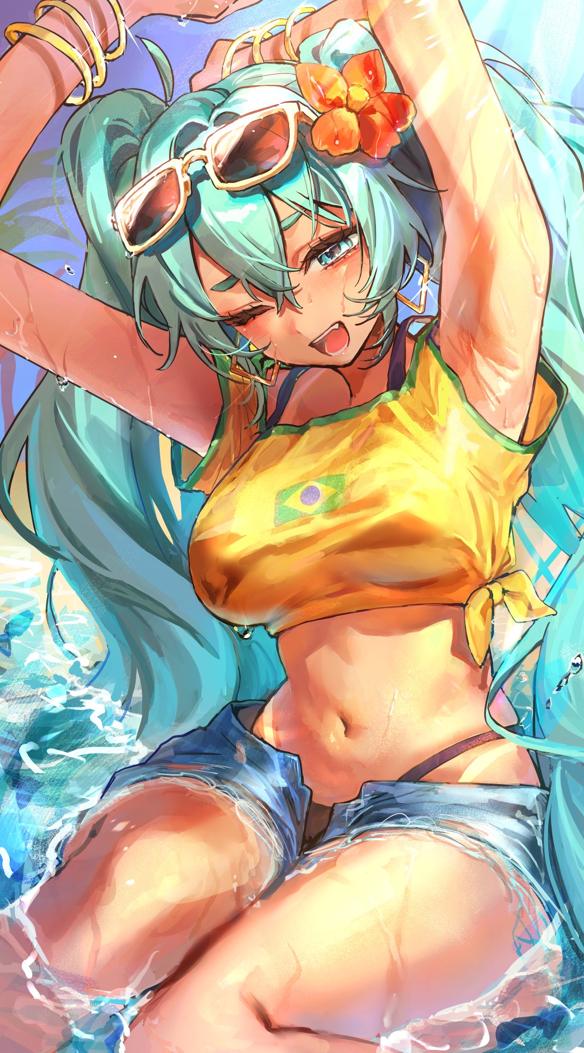 yuuri (0914yuuri k), brazilian miku, hatsune miku, vocaloid, commentary request, highres, 1girl, aqua eyes, aqua hair, arms up, beach, black panties, blue shorts, blue sky, blush, bracelet, breasts, denim, denim shorts, eyewear on head, fang, flower, gold bracelet, hair flower, hair ornament, highleg, highleg panties, jewelry, long hair, navel, one eye closed, open mouth, panties, partially submerged, red flower, shirt, short shorts, shorts, sitting, sky, solo, sun glare, sunglasses, tan, tanline, teeth, tied shirt, torn clothes, torn shorts, twintails, underwear, wet, yellow shirt