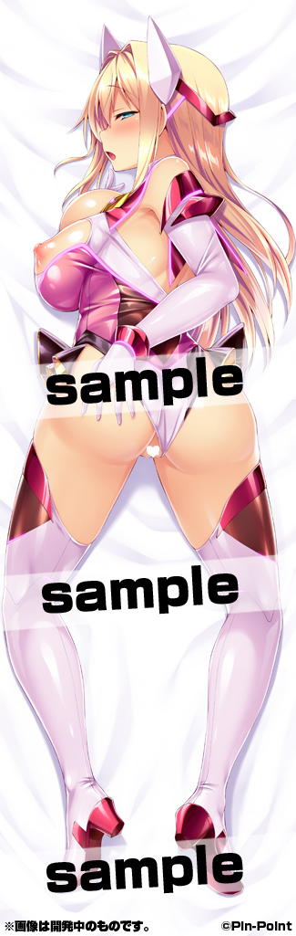 satou kuuki, official art, 1girl, ass, ayazaki shizuku, bed sheet, blonde hair, blue eyes, blush, boots, breasts, censored, clothing aside, dakimakura (medium), elbow gloves, full body, gloves, grabbing own ass, green eyes, hand on own ass, headgear, heart, heart censor, large breasts, leotard, leotard aside, long hair, looking at viewer, looking back, lying, magical girl, nipples, open mouth, pink leotard, pussy, sample watermark, shiny clothes, shiny skin, solo, soukou seiki ysphere, thigh boots, thighhighs, watermark, ys flare