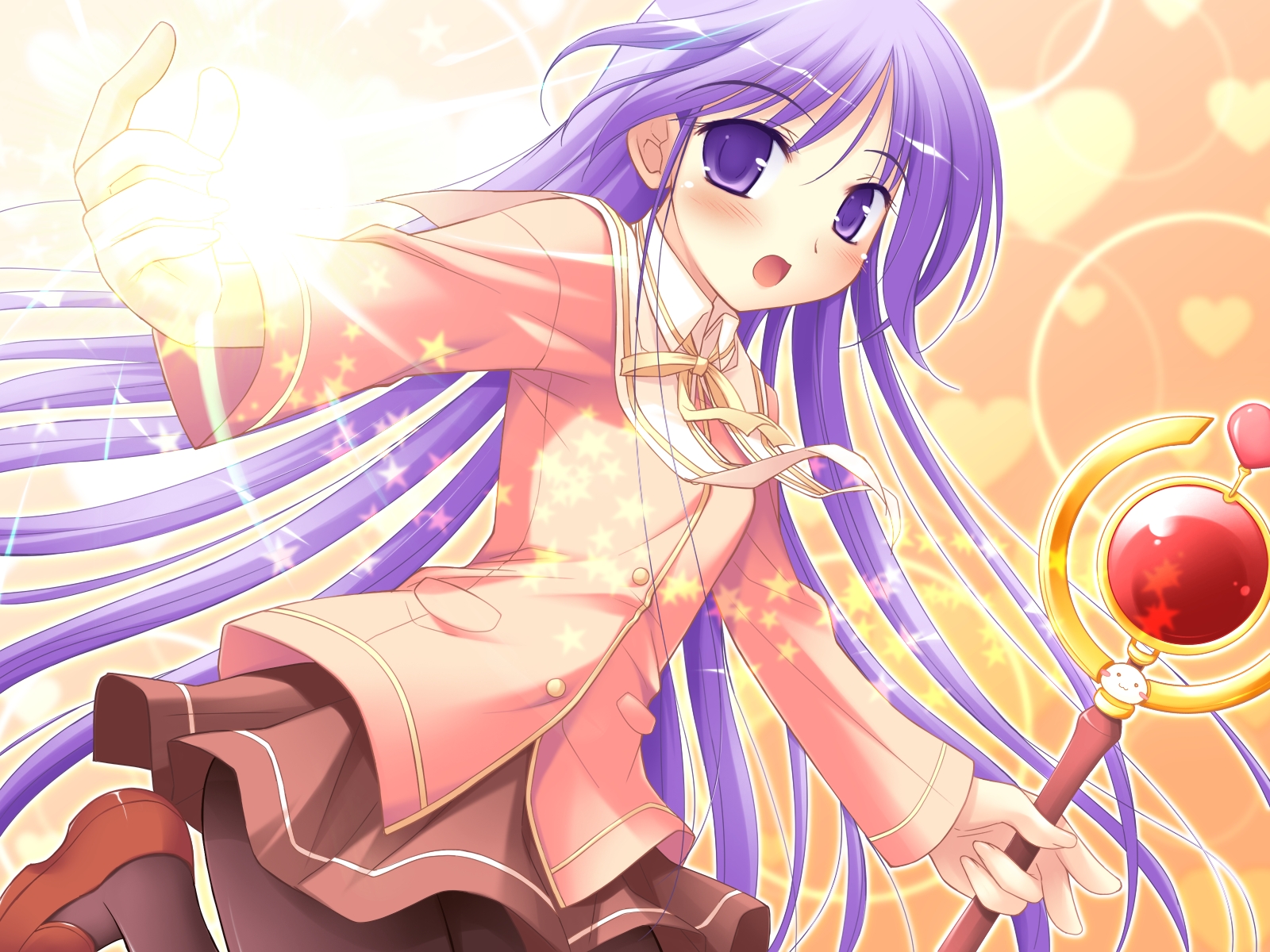 watarase jun, happiness!, highres, 00s, 1boy, loafers, male focus, purple eyes, purple hair, shoes, skirt, solo, staff, trap
