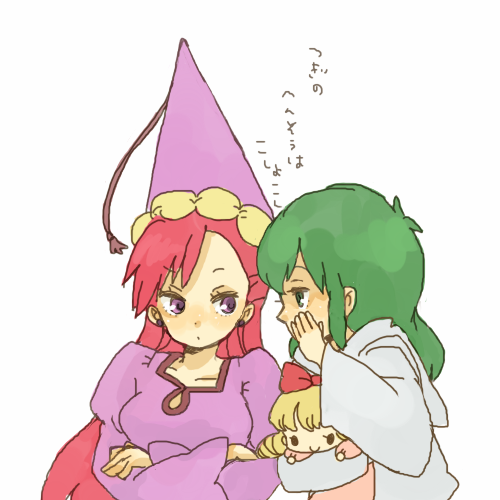 yukke, dorothy (akazukin chacha), elizabeth (akazukin chacha), seravi (akazukin chacha), akazukin chacha, lowres, translated, 1990s (style), 1boy, 2girls, doll, green eyes, green hair, hat, long hair, multiple girls, pink hair, purple eyes, whispering