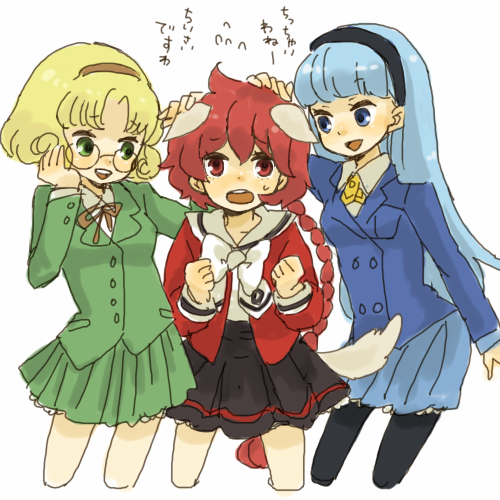 yukke, hououji fuu, ryuuzaki umi, shidou hikaru, magic knight rayearth, lowres, 1990s (style), 3girls, animal ears, black hairband, blonde hair, blue eyes, blue hair, blue skirt, braid, dog ears, dog tail, glasses, green eyes, green shirt, green skirt, hairband, headpat, long hair, multiple girls, pantyhose, red eyes, red hair, round eyewear, school uniform, serafuku, shirt, skirt, tail, white background